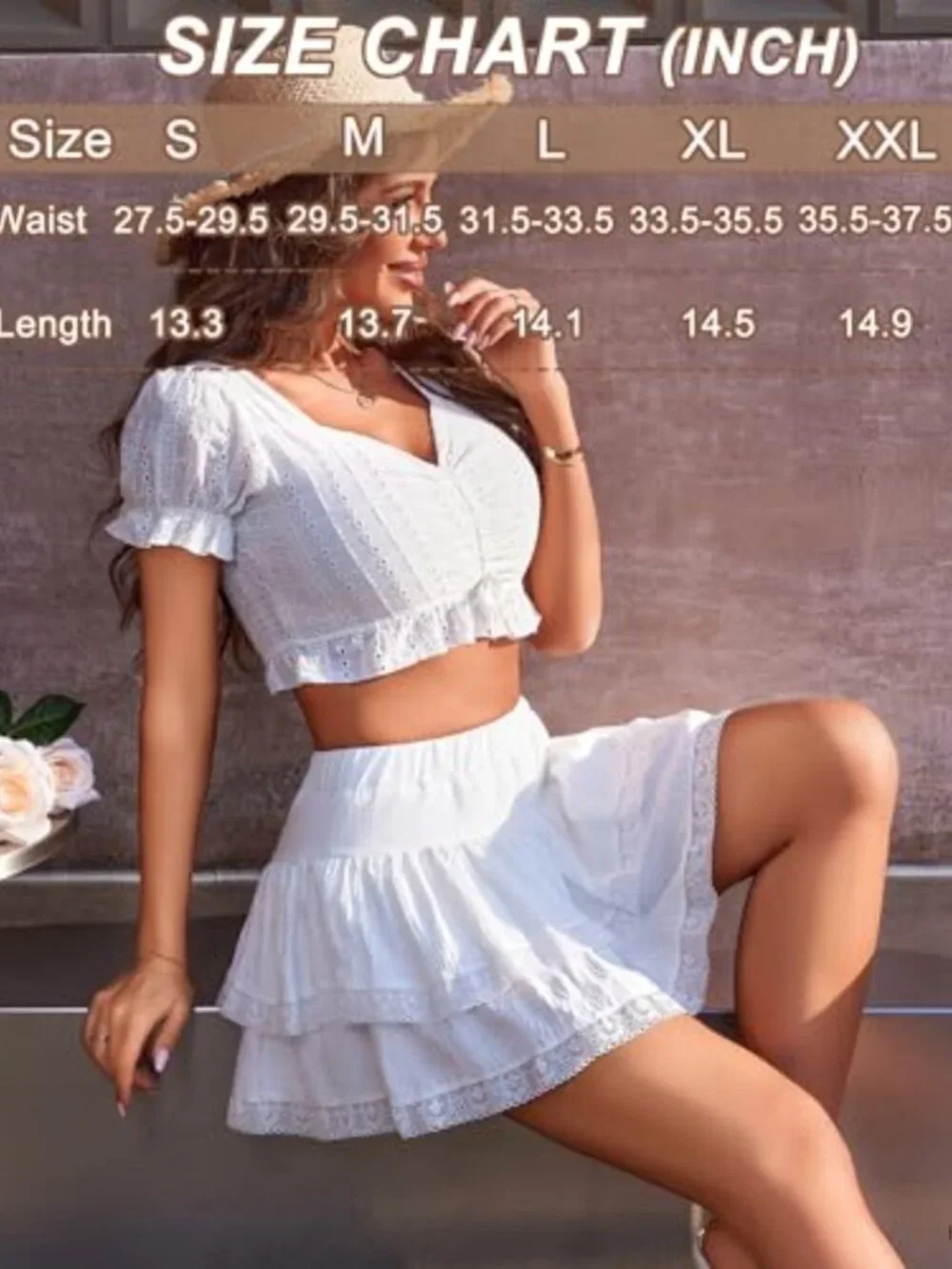Women's Ruffle Mini Skirt High Waisted A-Line Tiered Lace Hem Polyester